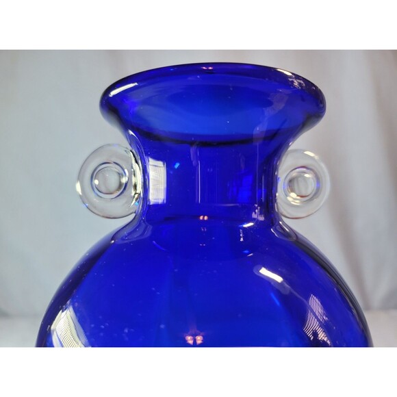 Cobalt Blue Amphora Vase 10"T Vintage Hand Blown w/ Clear Handles - Picture 9 of 10